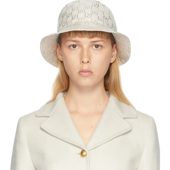 GUCCI White Silver Lame GG Monogram Bucket Hat Sz XL main image 8